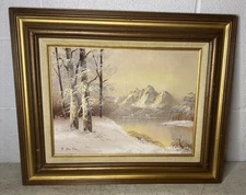 Original Vintage Oil On Board Painting Landscape Snowscape Winter Mountain Tree