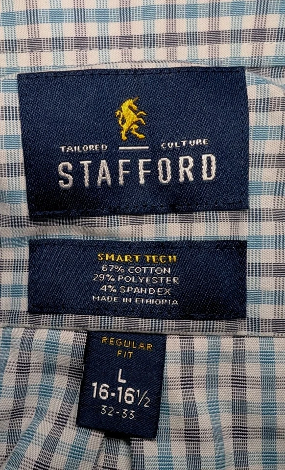 Camisa de vestir STAFFORD Smart Tech azul a cuadros para hombre grande 16/16,5-32/33 ajuste regular Foto 3 de 4