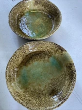 Set of 2 Mino Yaki Style Earthenware VTG Bowls Brown with Green Accent 7.5 Japan
