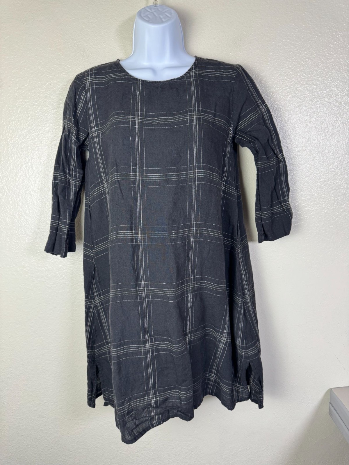 Eileen Fisher Black 100% Organic Linen 3/4 Sleeve Plaid Tunic Dress Size Medium