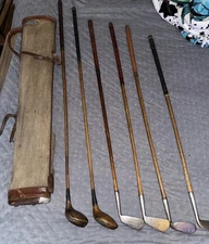 Excellent Set of 6 Antique Hickory Wood Shaft Golf Clubs & Vintage Stovepipe Bag