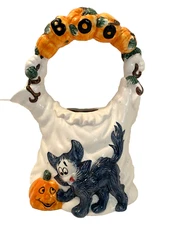 Fitz and Floyd Halloween Teapot Ceramic Unique Black Cat & Pumpkins 8.5" tall