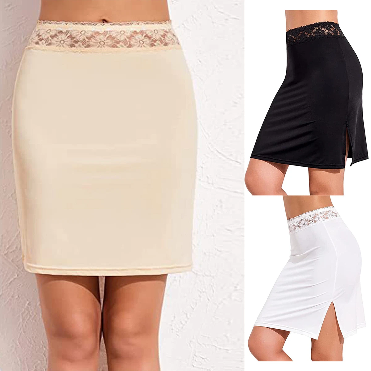 Womens Lace Waistband Side Slit Mini Skirt Solid Color High Waist  Underskirt