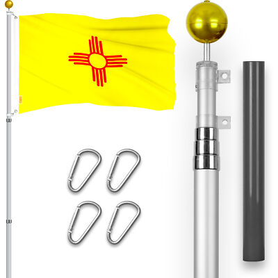 Combo: 16 Ft Telescoping Flagpole Silver & New Mexico NM State Flag 3x5 Ft Emb