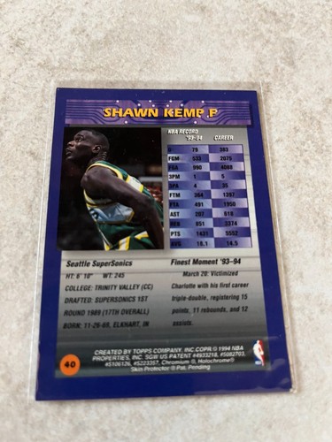 1994-95 Topps Finest #40 Shawn Kemp NBA Seattle Supersonics - Imagen 2 de 2