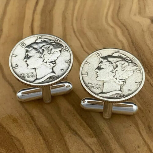 New Cufflinks w/ Vintage 90% 900 Silver Mercury Dime Coin 10 Cents Money - Picture 1 of 10