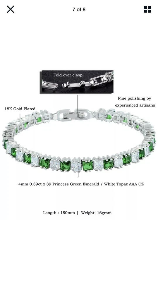 Brazalete Tenis Latón Verde Emrald Circonita cúbica Corte Cuadrado Chapado en Oro Blanco 18k Foto 4 de 4