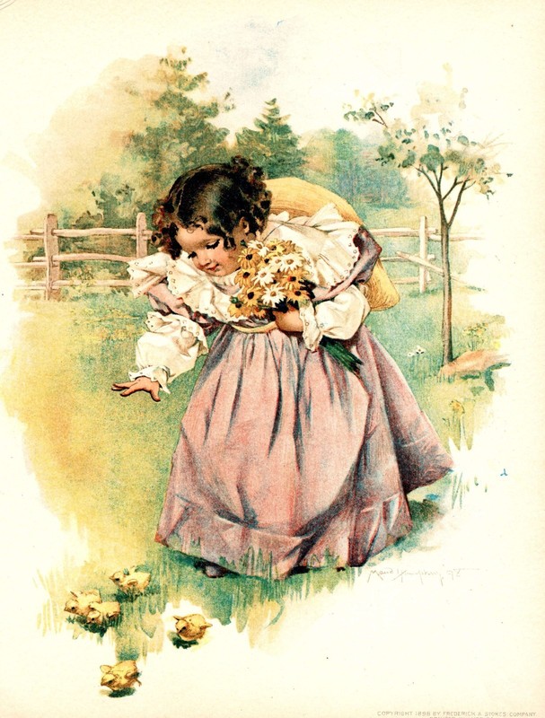 Young Girl with Flowers and Chicks  -  by Maud Humphrey  - 1898 Antique Print  