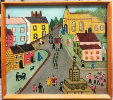 English Naïve School A Town by F. Whitehead (Mrs) 1980 Oil on Board