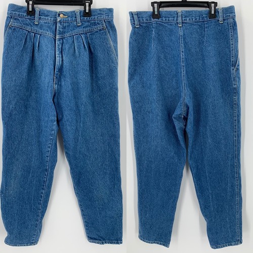 Jeans vintage oggetti di scena blu mamma vita alta conici plissettati USA donna taglia 12 32x30