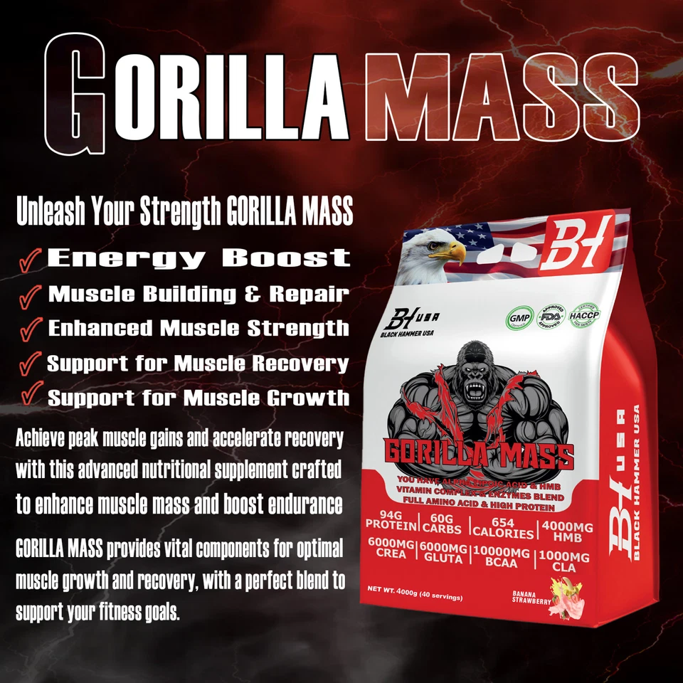 Mass Gainer Gorilla 8kg/4kg | CLA High Calorie Protein Powder – Black Hammer USA - Bild 2 von 4