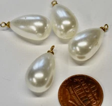 VINTAGE FAUX PEARL PENDANTS * 12mm X 21mm PLASTIC  smooth bright white PEARLS