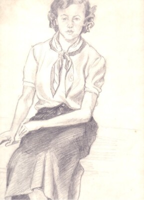 BDM Hübsches Mädchen sitzend auf Tisch orig. Zeichnung um 1935 40x29cm + Katalog