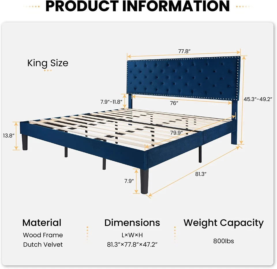 Marco de cama de terciopelo tamaño king con cabecero acolchado ajustable con botones de diamante, azul Foto 2 de 4