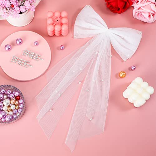 ? Women White Bow Clip Bachelorette Party Clip Decorations Pearl Accessories ? Women White Clip Bachelorette Party Decorations Pearl Bow  main image 2