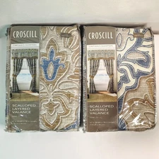 2 NEW Croscill Captain's Quarters Scalloped Layered Valance Blue Taupe 67 x 18