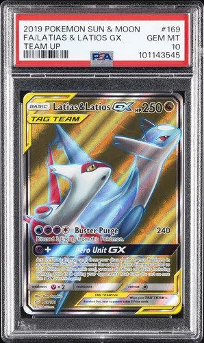 2019 POKEMON SUN & MOON TEAM UP #169 FULL ART/LATIAS & LATIOS GX PSA 10