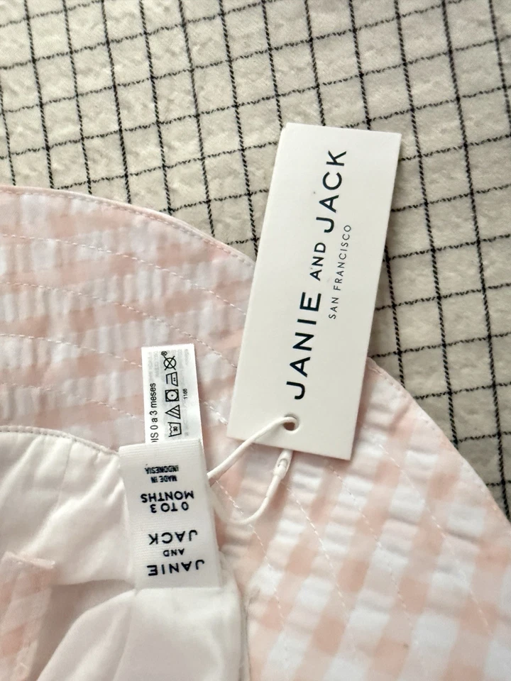 janie and jack baby girl 0-3 months Seashell pink gingham Seersucker sun hat - Image 4 of 4