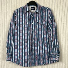 Wrangler Mens Americana Blue Pearl Snap Western Long Sleeve Shirt L Stain