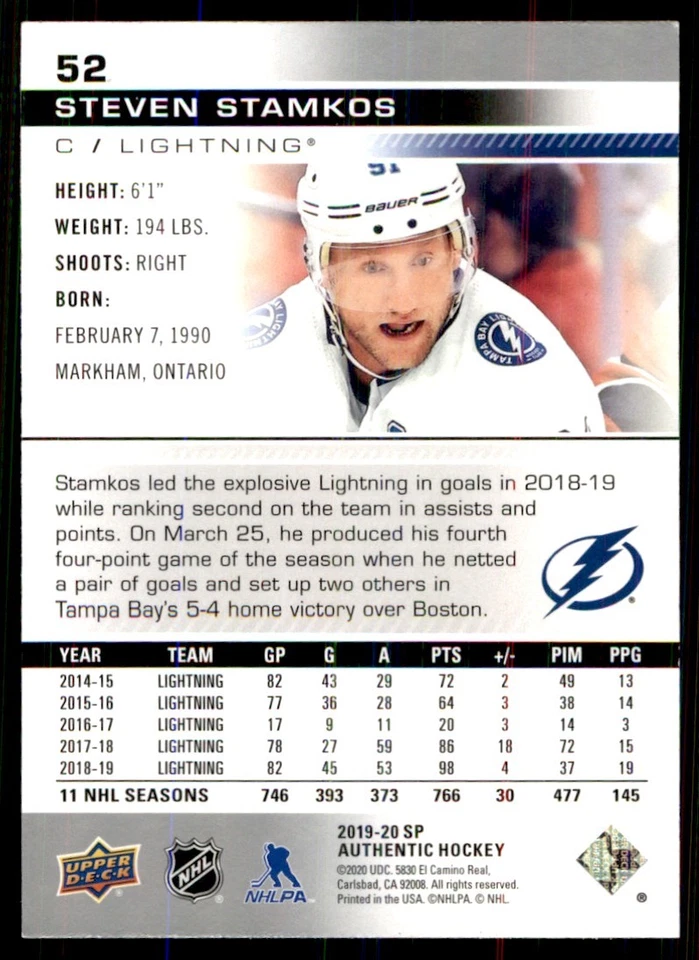 2019-20 SP Authentic Steven Stamkos #52 - Image 2 of 2
