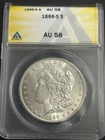 1888 S ANACS AU 58 Morgan Silver Dollar, Bright White, Silver $1 Coin