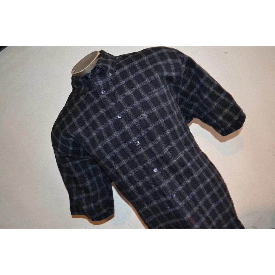 40035 Indigo Palms Hawaiian Shirt Blue Plaid 100% Irish Linen Size Large Mens - Image 3 of 4