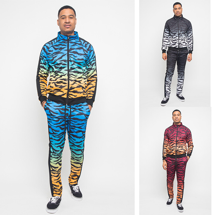 Men's Gradient Tiger Track Suits 2 Piece Pant&Jacket Sweatsuit Set
