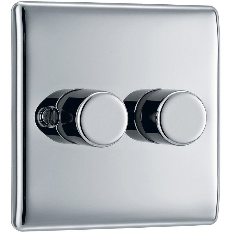 BG Nexus Metal Polished Chrome 200W Intelligent LED Dimmer Switch 2 Gang 2 Way