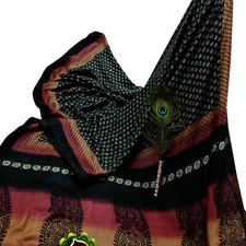 Vintage Black Sarees Pure Woolen Woven Printed Sari Soft Warm Craft Fabric 5Yd