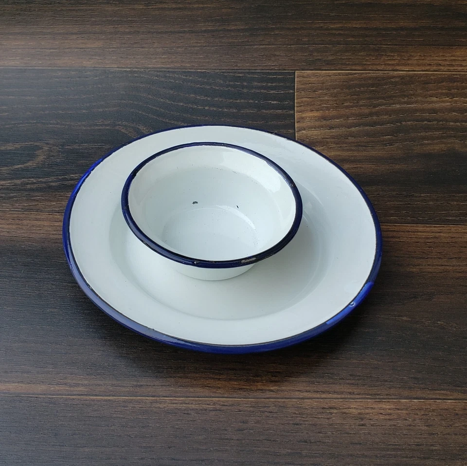 Collectible Set of Porcelain Enamel Bowl and Plate Vintage style Enamel Cookware - Image 3 of 4