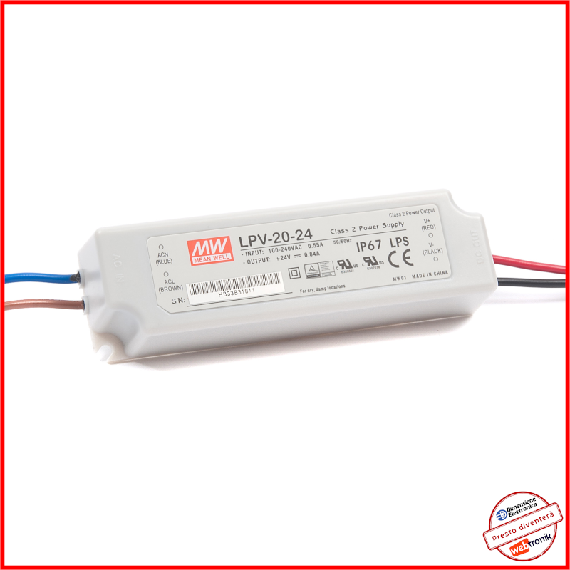Alimentatore 24v Mean Well Trasformatore Impermeabile LPV-20-24 IP67 LPS led 220