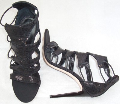 GIANVITO ROSSI Black Leather Sequin Embellished Cut Out Sandals Shoes 40.5
