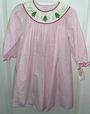 Petit Ami Hand Embroidered Girls Smocked Dress Pink Christmas Trees 3T NEW W/Tag