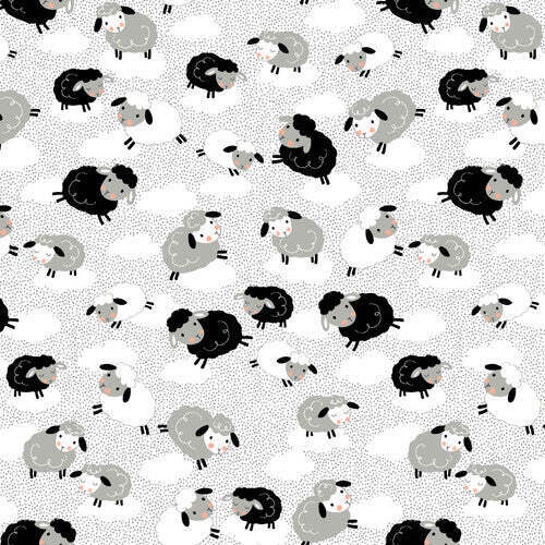Flannel Fabric | Black & Gray Sheep Clouds on White | Fabric Editions YARD - Picture 1 of 1