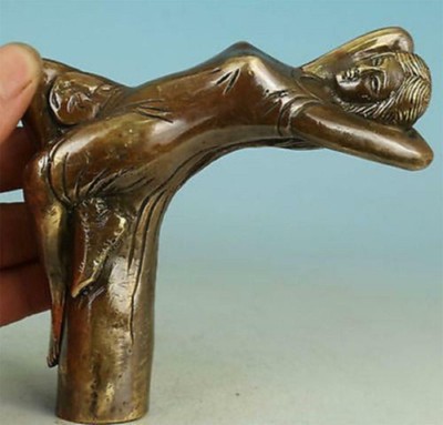 tête de bâton de marche statue Ancien bronze sculpté dans le dragon