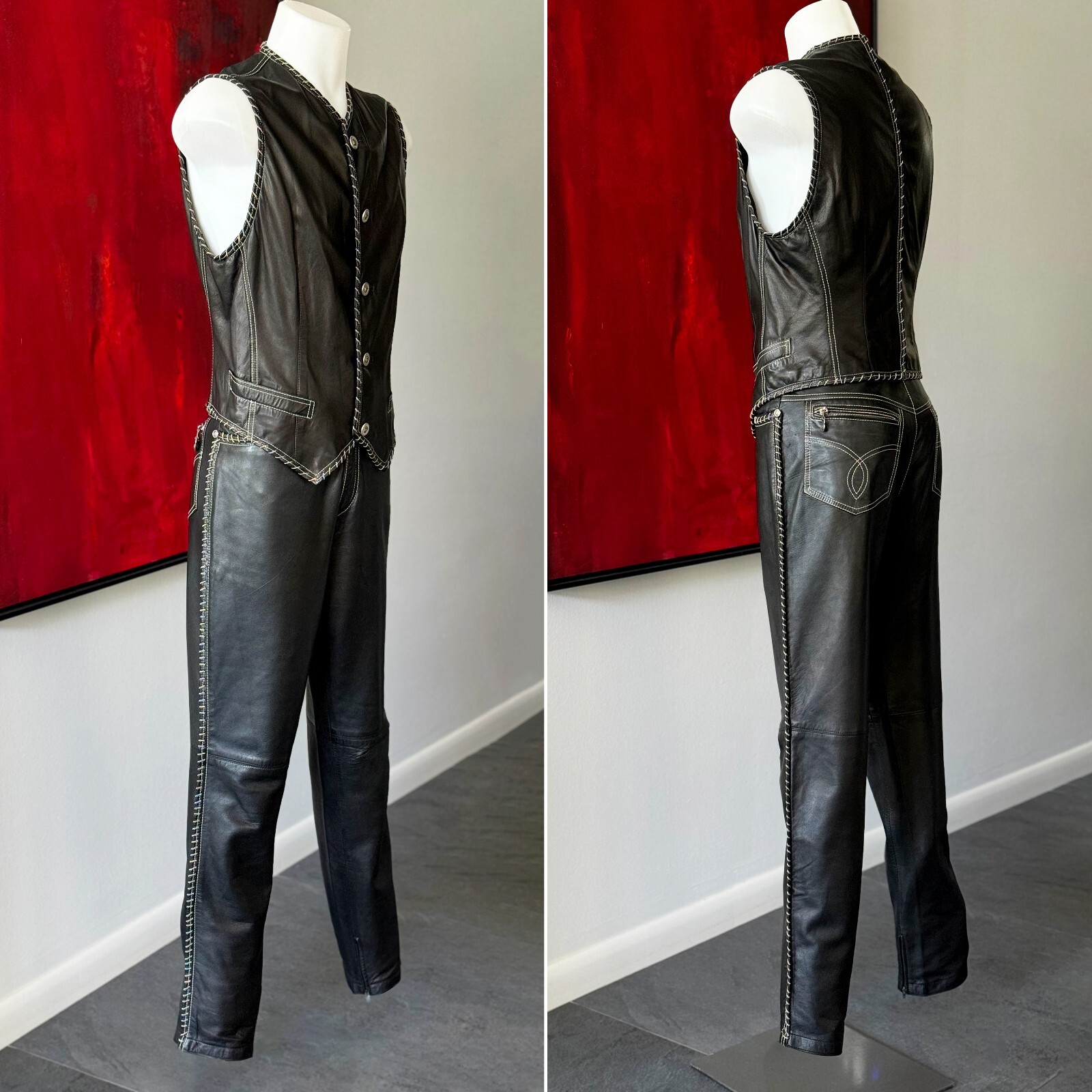 GIANNI VERSACE Leather Biker Vest + Pants w/ Chain Trim from F/W 1994/95
