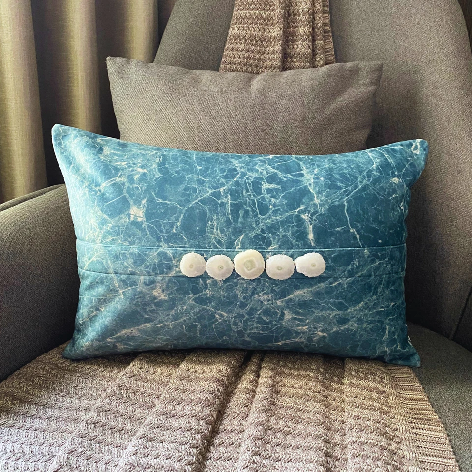 Teal Blue Suede Lumbar Pillow Cover Marble Print-Quartz Center Teal - Image 4 of 4