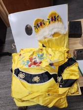 1940's Japanese Yellow Satin Pajama, Robe  Slippers Set w/ Box