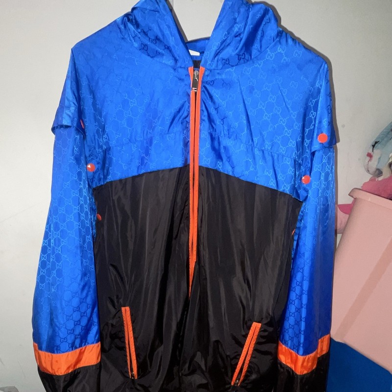 Gucci GG Pattern Hooded Zip Windbreaker Jacket Blue/Black Orange Men’s 46