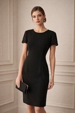 Vintage Donna Morgan Black Beaded Sleeve Sheath Dress Size 8 Minimalist Glam