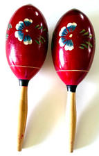 Vintage 12" Mexican Maraca Shaker, Wood, Painted Red, Folk Art Hand Painted