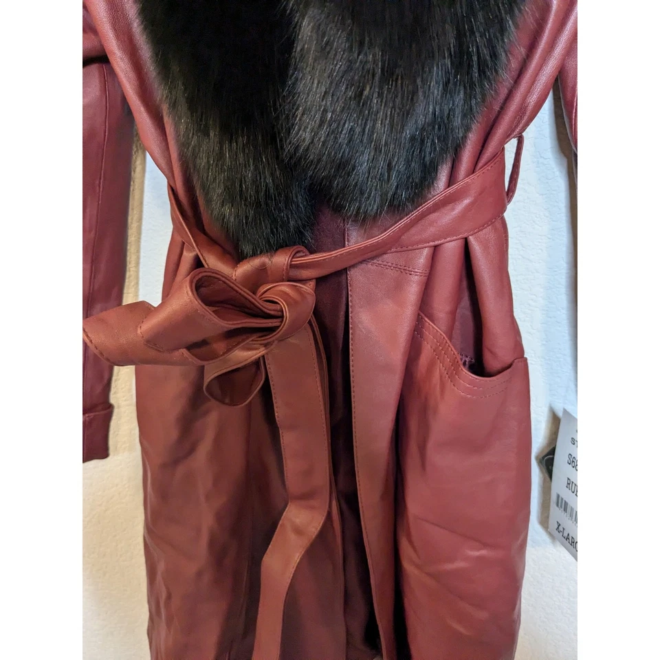 EXCELLED COLLECTION 100% Leather Faux Fur Ruby Color Women Trench Coat Sz XL - Image 3 of 4