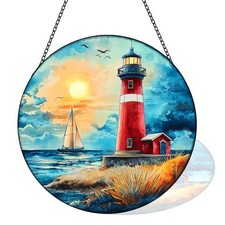Stained Glass Window Hanging Decortions, Handmade Double-Sided Lighthouse