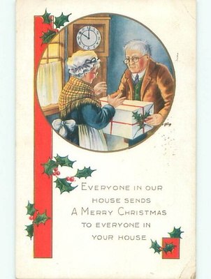 #ad Pre Linen christmas OLD WOMAN GETS BIG GIFT FROM OLD MAN SENIOR CITIZENS J1583 $1.49