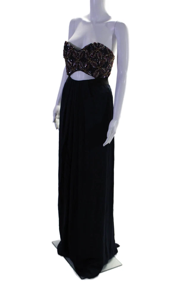 Badgley Mischka Couture 女式串珠亮片阔腿连身裤海军蓝 0 码 — 第 2/4 张图片