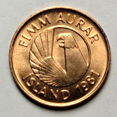 1981 ICELAND ~ 5 Aurar Coin - Gammur the Eagle - Skate Fish ~ KM#24 ~ 15mm
