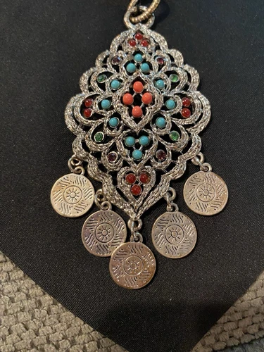 RJ Graziano Pendant, Faux Coral, Turquoise, Rhinestones, Filigree, Art Deco, NEW