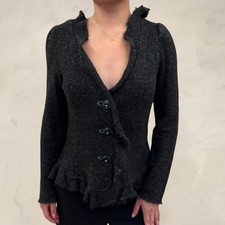 Vintage Black wool sweater with frilly ruffles and button closure boho