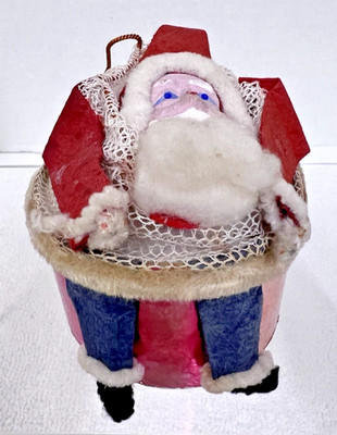 Antique Clay Face Santa Cotton Beard Cupcake Candy Holder Pink Foil Base Net Bag
