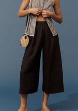 NWT Anthropologie Linen Pleated Culotte Trousers Black Wide Leg Cropped Pants XS